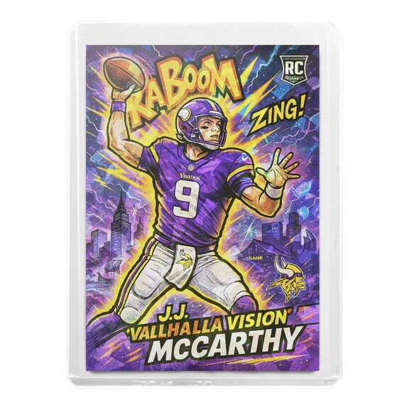 J.J. McCarthy RC SSP Cracked Ice Holographic Comic Art Trading Card 918 Customs - Picture 1 of 2